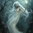 A translucent female ghost, ethereally beautiful, with long flowing silver hair and eyes that glow like moonlight, floating above a misty, overgrown Victorian garden at twilight, with roses and ivy intertwining in the background.