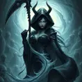 Ker in a realm of perpetual twilight, surrounded by a swirling vortex of souls, her attire a blend of black leather and bone, her eyes reflecting the endless cycle of life and death, her scythe poised, ready to reap the souls that pass into her domain.