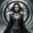 Ker in a realm of perpetual twilight, surrounded by a swirling vortex of souls, her attire a blend of black leather and bone, her eyes reflecting the endless cycle of life and death, her scythe poised, ready to reap the souls that pass into her domain.