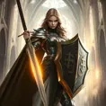 A beautiful female paladin, her eyes fierce and determined, wielding a glowing sword in one hand and a shield emblazoned with a holy symbol in the other, standing in a grand cathedral filled with light