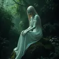 Imagine a serene yet eerie scene of a female wraith from Elden Ring, seated gracefully on a moss-covered stone, her pale hands resting gently on her knees, her serene expression contrasting with her spectral nature, the background a lush, overgrown garden bathed in soft, greenish light.