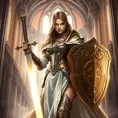 A beautiful female paladin, her eyes fierce and determined, wielding a glowing sword in one hand and a shield emblazoned with a holy symbol in the other, standing in a grand cathedral filled with light