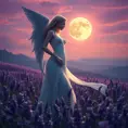 Selene, in all her celestial glory, stands amidst a field of lavender under a twilight sky. Her form is silhouetted by the rising moon, and the air is filled with the sweet scent of flowers, creating a scene of otherworldly tranquility and beauty.