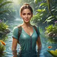 A breathtaking female ranger wading through a crystal-clear river, her clothes slightly damp, her hair tied back, a gentle smile on her face, surrounded by vibrant aquatic plants and curious fish, the water droplets glistening like jewels in the sunlight.