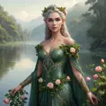 A majestic elf queen, adorned in a gown of woven ivy and blooming roses, standing at the edge of a misty lake, her presence commanding yet serene.