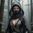 A captivating female ninja concealed within a mist-laden forest, her features partially obscured by a veil of fog, her attire a mix of stealthy dark fabrics and intricate silver detailing, the environment around her both haunting and enchanting