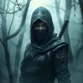 A captivating female ninja concealed within a mist-laden forest, her features partially obscured by a veil of fog, her attire a mix of stealthy dark fabrics and intricate silver detailing, the environment around her both haunting and enchanting