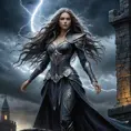 Create an image of a female wraith from Elden Ring, standing atop a crumbling stone tower, the night sky swirling with dark clouds behind her, her long, flowing hair illuminated by flashes of lightning, her ghostly attire fluttering in the tempest, embodying a mix of elegance and terror.