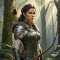 A beautiful female ranger standing amidst a dense, mystical forest, sunlight filtering through the leaves, highlighting her rugged yet elegant attire, her eyes sharp and focused, holding a traditional bow with a quiver of arrows slung over her shoulder, the background filled with ancient trees and a soft mist.