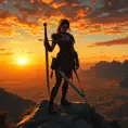 A stunning female ranger perched atop a rocky outcrop, overlooking a vast, sprawling wilderness at sunset, her silhouette sharply defined against the fiery sky, her hands resting on the hilt of a longsword, her expression one of calm determination, the landscape below teeming with wildlife.