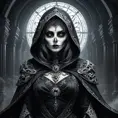 Ker, the enigmatic goddess of death, depicted in a shadowy realm, her form cloaked in a billowing black gown adorned with skeletal motifs, her face hidden beneath a hood, only her piercing eyes visible, glowing with an otherworldly light, the air around her heavy with the scent of decay.