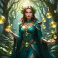 A breathtaking female mage in a lush, enchanted forest, surrounded by floating orbs of light, her attire a mix of natural elements and magical artifacts, her expression serene and focused