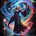 A beautiful female mage standing amidst a swirling vortex of colorful magical energies, her eyes glowing with an inner light, her robes flowing with the motion of the spell she's casting, set in a grand library filled with ancient tomes