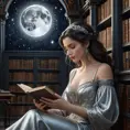 Inside a grand celestial library, Selene, the goddess of the moon, is engrossed in a tome bound in midnight velvet. The room is bathed in a soft, silvery light, and the walls are lined with books that seem to whisper secrets of the universe under the watchful gaze of the moon.