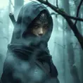 A captivating female ninja concealed within a mist-laden forest, her features partially obscured by a veil of fog, her attire a mix of stealthy dark fabrics and intricate silver detailing, the environment around her both haunting and enchanting