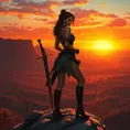 A stunning female ranger perched atop a rocky outcrop, overlooking a vast, sprawling wilderness at sunset, her silhouette sharply defined against the fiery sky, her hands resting on the hilt of a longsword, her expression one of calm determination, the landscape below teeming with wildlife.