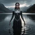 A dramatic portrayal of a female wraith from Elden Ring, emerging from a dark, foreboding lake at twilight, her form shimmering with an icy glow, her eyes reflecting the cold waters, her arms outstretched as if to embrace the encroaching darkness, the scene filled with an ominous silence.