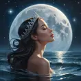 Selene, with her crown of stars, floats above a tranquil sea at night. The water mirrors the starry sky, and her figure is outlined by the luminous path the moon casts upon the waves, creating a surreal and divine atmosphere.