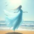 A ethereal female ghost, with an aura of gentle blue light, her hair cascading like a river of gold, hovering above a serene, sunlit beach where waves gently lap at the shore, seagulls soaring in the distance.