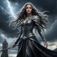 Create an image of a female wraith from Elden Ring, standing atop a crumbling stone tower, the night sky swirling with dark clouds behind her, her long, flowing hair illuminated by flashes of lightning, her ghostly attire fluttering in the tempest, embodying a mix of elegance and terror.