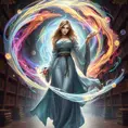 A beautiful female mage standing amidst a swirling vortex of colorful magical energies, her eyes glowing with an inner light, her robes flowing with the motion of the spell she's casting, set in a grand library filled with ancient tomes