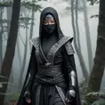 A captivating female ninja concealed within a mist-laden forest, her features partially obscured by a veil of fog, her attire a mix of stealthy dark fabrics and intricate silver detailing, the environment around her both haunting and enchanting