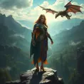 A stunning female paladin, her armor gleaming in the sunlight, standing atop a rocky cliff overlooking a vast, mystical forest, with a majestic dragon flying overhead