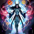 A captivating female mage standing before a portal to another dimension, her hands outstretched, controlling the swirling energies, her attire a blend of futuristic and mystical styles, the background a chaotic mix of colors and shapes