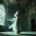 Visualize a female wraith from Elden Ring in a grand, decaying ballroom, her ghostly figure dancing elegantly alone, her movements graceful yet sorrowful, the room bathed in a dim, flickering light from the remnants of a once-grand chandelier, evoking a sense of lost grandeur and melancholy.