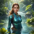 A breathtaking female ranger wading through a crystal-clear river, her clothes slightly damp, her hair tied back, a gentle smile on her face, surrounded by vibrant aquatic plants and curious fish, the water droplets glistening like jewels in the sunlight.