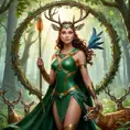 Artemis in a lush, verdant glade, surrounded by a circle of deer, her skin glowing with a soft, otherworldly radiance, her attire a mix of leather and leaves, her quiver filled with arrows fletched with feathers of various birds, the sky above her painted with the colors of dawn.