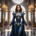 A magnificent female mage within a grand hall of mirrors, each reflecting her image surrounded by different magical effects, her outfit a masterpiece of intricate design and glowing runes