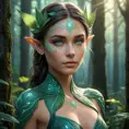 A stunning elf woman with intricate, leaf-patterned tattoos, standing amidst a luminous forest glade, her eyes reflecting the soft glow of bioluminescent fungi.