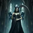 Ker, the goddess of mortality, portrayed in a grand, gothic cathedral, her presence both solemn and majestic, her attire a masterpiece of dark elegance, her scythe resting against her shoulder, her eyes gazing into the infinite abyss of death, the space around her filled with the echoes of countless lives.