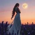 Selene, in all her celestial glory, stands amidst a field of lavender under a twilight sky. Her form is silhouetted by the rising moon, and the air is filled with the sweet scent of flowers, creating a scene of otherworldly tranquility and beauty.