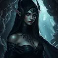 A mysterious dark elf lady, cloaked in shadows and adorned with obsidian jewelry, her eyes piercing and enigmatic, standing in a cavern bathed in the light of a thousand crystals.