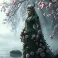 A majestic elf queen, adorned in a gown of woven ivy and blooming roses, standing at the edge of a misty lake, her presence commanding yet serene.