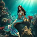 A stunning female siren with iridescent mermaid tail, sitting on a rock amidst a vibrant coral reef, sunlight filtering through turquoise waters creating a magical glow around her