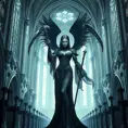 Ker, the goddess of mortality, portrayed in a grand, gothic cathedral, her presence both solemn and majestic, her attire a masterpiece of dark elegance, her scythe resting against her shoulder, her eyes gazing into the infinite abyss of death, the space around her filled with the echoes of countless lives.