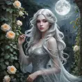 A translucent female ghost, ethereally beautiful, with long flowing silver hair and eyes that glow like moonlight, floating above a misty, overgrown Victorian garden at twilight, with roses and ivy intertwining in the background.