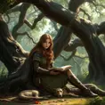 A captivating female ranger sitting under the boughs of an ancient, sprawling oak tree, her back against the trunk, a book open in her lap, the forest around her alive with the sounds of nature, her expression peaceful, a small, loyal wolfhound resting at her side.