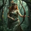 Artemis, the goddess of the wilderness, portrayed in a dense, ancient forest, her presence commanding yet gentle, her attire blending seamlessly with the natural surroundings, her bow and arrows crafted from the wood of the trees, the air around her alive with the sounds of nature.