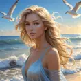 A ethereal female ghost, with an aura of gentle blue light, her hair cascading like a river of gold, hovering above a serene, sunlit beach where waves gently lap at the shore, seagulls soaring in the distance.