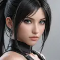 A close-up portrait of Tifa Lockhart, her eyes reflecting a fierce yet compassionate spirit, with intricate details of her clothing and accessories from Final Fantasy VII, bathed in a soft, natural light