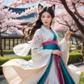 A mesmerizing Ahri, her attire a blend of traditional Korean hanbok and modern elegance, standing in a serene garden of cherry blossoms, the wind gently stirring her garments, enhancing her graceful and alluring presence.