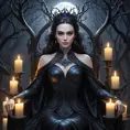 Morgana, depicted as a queen of the night, seated on a throne crafted from twisted black branches, her skin pale as moonlight, eyes glowing with an inner fire, surrounded by a halo of flickering candles,油画风格.