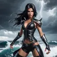 Akali in a high-contrast black leather outfit, posed dramatically against a backdrop of a stormy sea, with lightning illuminating her form.