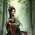 A stunning Akali, rendered in the style of a classic oil painting, with intricate details highlighting her traditional attire and the serene backdrop of a misty bamboo forest.