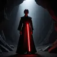 Portrait of a silhouette star wars figure in her red lightsaber, in the style of evocative environmental portraits, dark, red