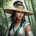 A stunning Akali, rendered in the style of a classic oil painting, with intricate details highlighting her traditional attire and the serene backdrop of a misty bamboo forest.